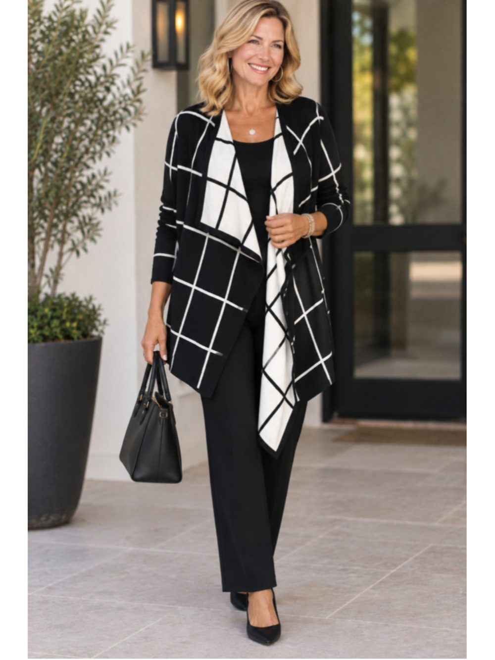 Foxcroft NYC Cardigan Sweater Black White Grid Print Open Front Women’s Size 3X